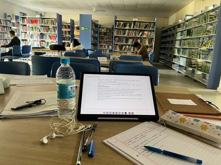 A library study desk with a tablet, notes, and a water bottle